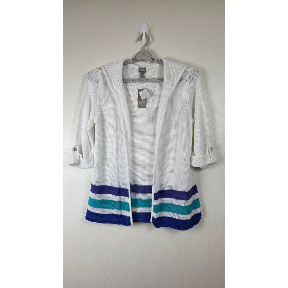 Chicos Cardigan Sweater Womens 2 White Linen Blend Hooded Open Front Striped NWT - Picture 1 of 14